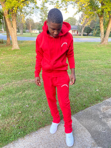 Red cozy zip up & stacked joggers set